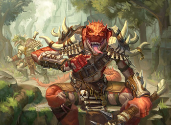 anthro armor belly belt bone bone_accessory bottomwear clothing club_(weapon) digitigrade duo forest grass green_body green_scales holding_object holding_weapon jungle loincloth looking_at_viewer male melee_weapon multicolored_body orange_eyes outside pauldron plant red_body red_scales rock scales sharp_teeth sitting skull smile spiked_club standing tail teeth tongue tongue_out tree two_tone_body weapon white_belly white_body white_scales leonardo_santanna hasbro magic:_the_gathering wizards_of_the_coast reptile scalie official_art