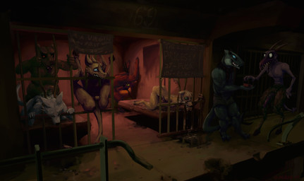 anthro balls bars bdsm bed bodily_fluids butt cigarette_box container cum cum_drip cum_in_mouth cum_inside dirty dripping eye_contact from_behind_position fur furniture genital_fluids genitals grey_body grey_fur group hell holding_container holding_object holding_pack horn looking_at_another male male/male pack_(container) presenting presenting_hindquarters prison prison_bars prison_cell prisoner prostitution public_use questionable_consent red_eyes sex short_story stuck tail text yellow_body yellow_fur oldgreg mythology bear canid canine canis demon domestic_dog dragon mammal mythological_creature mythological_scalie scalie english_text hi_res story story_in_description