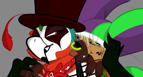anthro beak bodypaint close-up clothing duo face_paint facial_piercing feathers fluffy fool's_hat freckles hat headgear headwear holding_another jester kerchief licking male male/male mime nose_piercing nose_ring obscured_eyes piercing raised_hand ring_piercing smile stripes tongue tongue_out top_hat whiskers villegreen hi_res