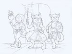 anthro armor boots clothing coin coin_purse digitigrade female flail footwear front_view fur group hair hood magic magic_wand male melee_weapon scales scaly_tail shield shoes simple_background smile tail trio wand weapon young young_female young_male demoniccriminal mythology the_wandering_inn ekirra_silverfang mrsha_du_marquin visma animal_humanoid dragon dragon_humanoid gnoll humanoid hyena mammal mythological_creature mythological_scalie scalie absurd_res black_and_white hi_res monochrome