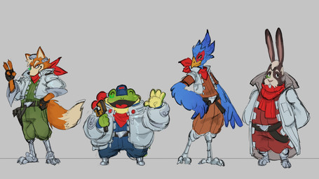 4_toes anthro avian_feet claws clothing digitigrade feet footwear frown grey_clothing grey_jacket grey_topwear group jacket jumpsuit looking_at_viewer male scouter slouching smile standing talons toe_claws toeless_footwear toes topwear sonofan nintendo star_fox falco_lombardi fox_mccloud peppy_hare slippy_toad amphibian avian bird canid canine fox frog hare lagomorph leporid mammal 16:9 2026 4k absurd_res hi_res widescreen