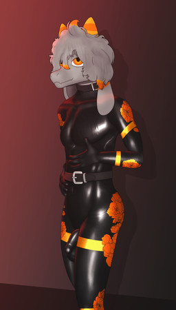 anthro balls belt_accessory belt_collar bulge clothing detailed_bulge flaccid floppy_ears fur genitals grey_body grey_fur hair horn latex latex_clothing latex_skinsuit male orange_eyes orange_horn penis skinsuit solo tight_clothing conditional_dnp gusta gusta_(gusta) bovid caprine goat mammal hi_res