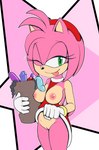 accessory anthro areola breasts clothed clothing clothing_lift dildo dress dress_lift exposed_breasts female fur genitals gloves green_eyes hair handwear headband nipples no_underwear one_eye_closed pink_body pink_fur pink_hair pussy sex_toy shopping_bag solo tongue tongue_out toy_selection wink fourssss sega sonic_the_hedgehog_(series) amy_rose eulipotyphlan hedgehog mammal hi_res