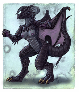 anthro areola black_body blue_eyes breasts claws curved_horn dragon_tail dragon_wings female genitals gesture grey_body hand_gesture horn looking_at_viewer membrane_(anatomy) membranous_wings nipples non-mammal_breasts non-mammal_nipples nude nude_anthro nude_female pointing pointing_at_viewer scale_plates scales simple_background small_breasts solo tail ventral_scales vulva wings caribou_(artist) mythology zeriah_(bahumot) dragon mythological_creature mythological_scalie scalie 2019
