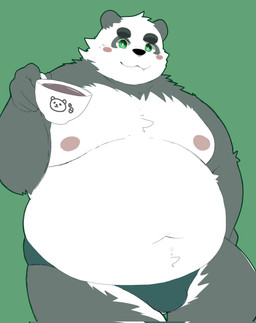 anthro belly beverage big_belly black_body black_nose bulge clothing coffee container cup cute_fangs fangs green_background green_eyes kemono male moobs navel nipples overweight overweight_male simple_background solo teeth underwear white_body menmen_kesinn bear giant_panda mammal 2025 hi_res