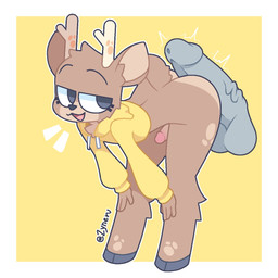 anthro antlers balls bent_over black_eyes border brown_body brown_fur butt clothing cropped_hoodie disembodied_penis erection eyebrows femboy fur fur_markings genitals grey_hooves grey_penis hands_on_knees hands_on_legs happy hoodie hooves horn hot_dogging humanoid_genitalia humanoid_penis looking_back male male/male markings multicolored_body multicolored_fur narrowed_eyes open_mouth penis penis_on_butt raised_eyebrows sex short_tail simple_background solo standing tail tan_body tan_fur text topwear tuft two_tone_body two_tone_fur vein veiny_penis white_border yellow_background yellow_clothing yellow_hoodie yellow_topwear zyneru oakley_(aiyhav_nouneim) deer mammal 1:1 2024 artist_name hi_res