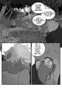 anthro beak bedroom_eyes branch clothing crossed_legs curly_hair dialogue duo eyewear flower garden glasses hair long_ears male narrowed_eyes plant rear_view rolled_up_sleeves round_glasses seductive shirt sitting sitting_on_ground smile text topwear tree vines viola_bat avian lagomorph leporid mammal rabbit absurd_res comic english_text greyscale hi_res monochrome