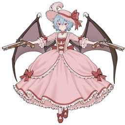 alternative_fashion blue_hair classic_lolita claws clothed clothed_female clothed_humanoid clothing dress dual_wielding female flintlock flintlock_pistol footwear frilly frilly_clothing frilly_dress gun hair handgun hat hat_bow hat_feather hat_ornament headgear headwear holding_gun holding_handgun holding_object holding_pistol holding_ranged_weapon holding_weapon j-fashion lolita_(fashion) looking_at_viewer loose_feather membrane_(anatomy) membranous_wings pink_clothing pink_dress pink_hat pink_headwear pistol pupils ranged_weapon red_bow red_clothing red_eyes red_footwear red_shoes shoes short_hair simple_background slit_pupils solo weapon white_background wing_claws wings yopofen touhou remilia_scarlet animal_humanoid bat bat_humanoid humanoid mammal mammal_humanoid winged_humanoid 1:1 2026 absurd_res hi_res