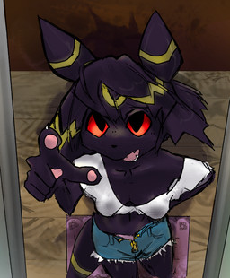 anthro anthrofied black_body black_fur black_hair bottomwear breasts clothed clothing denim denim_bottomwear denim_clothing denim_shorts fangs female fur gesture hair hand_gesture midriff pawpads pointing pointing_at_viewer pokemorph red_eyes red_sclera shirt shorts solo teeth topwear nonplussed nintendo pokemon eeveelution generation_2_pokemon generation_3_pokemon pokemon_(species) umbreon