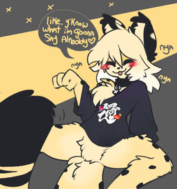 :3 anthro blush bottomless bottomless_anthro bottomless_male chest_tuft clothed clothing collar countershading eyes_closed featureless_crotch femboy freckled_face freckles happy male male_anthro partially_clothed paw_pose pose shirt sitting solo speech_bubble spots tail text tongue topwear tuft caeleste niles_(caeleste) felid feline mammal serval 2025 english_text hi_res