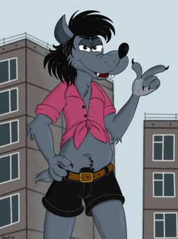 anthro belly belt black_hair bottomwear clothed clothing grey_body hair hairy male navel raised_clothing raised_shirt raised_topwear shirt shorts solo standing tail topwear rasik soyuzmultfilm well_just_you_wait! volk_(wjyw) canid canine canis mammal wolf 2026 absurd_res hi_res