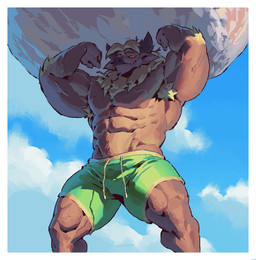 2_horns abs anthro arm_tuft biceps big_muscles biped black_eyebrows blonde_hair blue_sky border bottomwear brown_body closed_smile clothed clothed_anthro clothed_male clothing cloud day drawstring_bottomwear drawstring_shorts elbow_tuft eyebrows front_view fur green_bottomwear green_clothing green_shorts hair head_horn horn huge_muscles looking_at_viewer looking_down looking_down_at_viewer low-angle_view male mouth_closed muscular muscular_anthro muscular_male neck_tuft orange_eyes orange_pupils outside pecs pupils rock shorts shorts_only sky smile smiling_at_viewer snout solo topless topless_anthro topless_male tuft underbite vein veiny_muscles white_border white_sclera yellow_body yellow_fur kingarthur_i bovid bovine cattle mammal 2023 digital_drawing_(artwork) digital_media_(artwork) hi_res portrait three-quarter_portrait