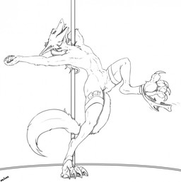 anthro claws clothed clothing clothing_around_one_leg dancing digitigrade feet female flat_chested genitals hindpaw legwear licking licking_lips licking_own_lips looking_at_viewer mostly_nude panties panties_around_one_leg panties_down partially_clothed pawpads paws pole pole_dancing self_lick solo stockings tail toe_claws tongue tongue_out topless underwear underwear_around_one_leg underwear_down vulva zafara_(artist) sergal black_and_white hi_res monochrome