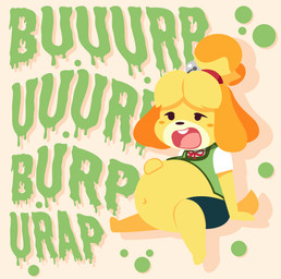anthro belly big_belly burping clothing female fur green_clothing green_shirt green_topwear overweight shirt sitting solo text topwear yellow_body yellow_fur smuggoblin animal_crossing nintendo isabelle_(animal_crossing) canid canine canis domestic_dog mammal shih_tzu toy_dog 2026 hi_res