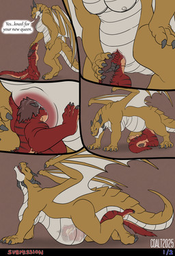 all_fours anthro barely_inside belly big_belly black_horn black_stripes bodily_fluids breasts brown_body brown_hair brown_scales dialogue duo eyes_closed female fluffy fluffy_tail fur genital_fluids genitals hair head_first head_in_pussy horn internal kneeling larger_female looking_pleasured male male/female membrane_(anatomy) membranous_wings nipples nude open_mouth partially_inside red_body red_fur scales size_difference smaller_male speech_bubble standing stripes tail tan_body tan_fur text unbirthing vaginal vaginal_fluids ventral_scales vore vulva wings rimentus european_mythology mythology clessie_dreadwinter coalt dragon furred_dragon furred_scalie mythological_creature mythological_scalie scalie western_dragon wingless_dragon 2025 comic english_text hi_res