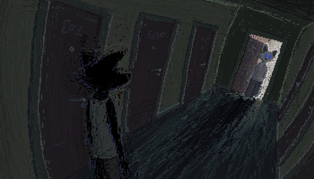 anthro black_body black_fur clothing corridor detailed_background door duo fur inside male shirt tank_top topwear white_body white_fur demensa canid canine canis mammal wolf 2019 7:4 digital_media_(artwork) pixel_(artwork) sibling_(lore) twins_(lore)