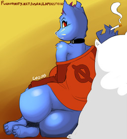 anthro big_butt blue_body blue_fur bottomless bottomless_anthro bottomless_female butt choker cigarette clothed clothing feet female fur hand_on_hip jewelry looking_at_viewer looking_back looking_back_at_viewer necklace off_shoulder orange_clothing orange_shirt orange_topwear rear_view shirt smoking soles solo text topwear lapinstein night_in_the_woods mae_borowski domestic_cat felid feline felis mammal 2018 colored_sketch sketch url