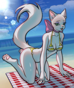 all_fours anthro anthrofied beach bikini bikini_bottom bikini_top bow_collar breasts clothed clothing eyeshadow feet female fingers fur hair lipstick looking_at_viewer makeup medium_breasts nipple_outline outside pawpads sand seaside sky smile solo swimwear tail toes towel two-piece_swimsuit water white_body white_fur wide_hips rinen_r golden_week metro-goldwyn-mayer tom_and_jerry toodles_galore domestic_cat felid feline felis mammal digital_media_(artwork) hi_res