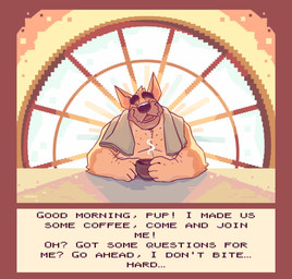 anthro beard black_nose brown_beard brown_facial_hair container cup eyes_closed facial_hair front_view fur gloves_(marking) head_tuft holding_container holding_cup holding_mug holding_object male markings mug open_mouth open_smile orange_body orange_fur overweight overweight_anthro overweight_male red_tongue smile solo steam tan_body tan_fur text tongue towel towel_around_neck tuft chocolateandmilk richard_(chocolateandmilk) canid canine canis domestic_dog mammal english_text hi_res