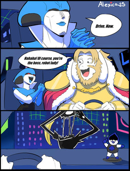 3_panel_comic anthro banana beard blonde_beard blonde_facial_hair blonde_hair blue_lips cape car clothing dialogue facial_hair female food fruit fur group hair lips machine male plant steering_wheel text vehicle white_body white_fur thecooleralexico_(artist) deltarune jojo's_bizarre_adventure stardust_crusaders undertale_(series) asgore_dreemurr lancer_(deltarune) queen_(deltarune) roaring_knight bovid caprine goat humanoid mammal robot comic english_text hi_res translated