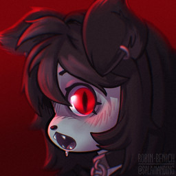 ambiguous_gender anthro bodily_fluids brown_hair collar ear_piercing eyebrows eyelashes fangs hair holidays leash leashed_collar light open_mouth piercing pupils red_background red_eyes saliva simple_background slit_pupils solo teeth text salamanding halloween joan_(salamanding) canid canine canis domestic_dog mammal vampire 1:1 2025 artist_name digital_drawing_(artwork) digital_media_(artwork) english_description film_grain headshot_portrait hi_res icon lighting portrait female_(lore)