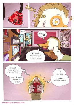 5_fingers anthro bell blonde_hair bodily_fluids breasts clothed clothed_anthro clothed_male clothing cock_warmer dialogue feathers female fingers fur group hair humanoid_hands male nervous offscreen_character page_number paranoid penetrable_sex_toy penis_clothing sex_shop sex_toy shirt speech_bubble standing store sweat tan_body tan_fur text topwear trio white_body white_feathers kantachibli phillip_(kantachibli) avian bird domestic_cat felid feline felis heron mammal pelecaniform comic english_text hi_res url