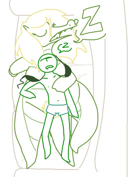 anthro bikini blonde_hair bottomless boxers_(clothing) breasts clothed clothing duo eyes_closed female furniture hair human_on_anthro interspecies male overweight overweight_female pubes romantic romantic_couple sleeping sofa swimwear two-piece_swimsuit underwear the_weaver monstro_village anon caimon alligator alligatorid crocodilian human mammal reptile scalie