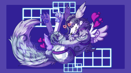 alternate_color animal_genitalia animal_penis anthro arrow_in_mouth canine_genitalia canine_penis fake_wings fur fur_markings genitals harness hearts_around_body holding_both_legs looking_at_viewer male markings neon_lights pattern_background pawpads penis presenting purple_body purple_fur purple_penis simple_background solo roombakittens bandai_namco digimon canid digimon_(species) mammal renamon