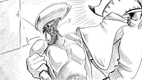 ambiguous_gender anthro arm_around_shoulders cape clothing duo holding_another machine male neck_wound sharp_teeth sparks teeth wounded yelling dragonweirdo hershal_(dragonweirdo) kimera_(dragonweirdo) canid canine canis humanoid mammal robot wolf 16:9 hi_res monochrome widescreen