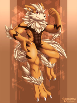 abs anthro brown_eyes brown_torso claws crotch_tuft finger_claws fist flexing flexing_bicep fur hand_on_hip looking_at_viewer male muscular muscular_anthro muscular_male nude orange_body orange_fur smile smiling_at_viewer solo striped_body stripes tan_body tan_fur toe_claws tuft akino-kamihara nintendo pokemon arcanine generation_1_pokemon pokemon_(species) 2020 3:4 absurd_res hi_res signature