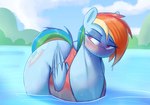 2023 absurd_res big_butt bikini_thong butt clothing equid equine female feral friendship_is_magic hair hasbro hi_res mammal multicolored_hair my_little_pony mythological_creature mythological_equine mythology partially_submerged pegasus rainbow_dash_(mlp) solo swimwear water welost wet wet_body wings