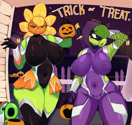 ambiguous_gender big_breasts black_clothing black_eyes black_leotard bodysuit bottomwear breasts camel_toe clothing cosplay female female_focus fishnet_clothing flower freckled_face freckles green_body group half-closed_eyes holidays huge_breasts katana leaf leotard looking_at_viewer melee_weapon narrowed_eyes night nipple_outline petals plant pumpkin_basket purple_bodysuit purple_clothing purple_skinsuit skinsuit skirt star sword thick_thighs tight_clothing trick-or-treating trio weapon mckeyes electronic_arts halloween plants_vs._zombies plants_vs._zombies_heroes popcap_games taimanin_(series) green_shadow solar_flare_(pvz) elemental_creature flora_fauna flower_creature humanoid peashooter_(pvz) sunflower_(pvz) 2025 colored digital_media_(artwork) shaded