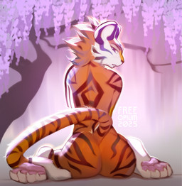 anthro biped butt claws feet female fur hair kneeling looking_at_viewer nude nude_anthro nude_female paws rear_view solo stripes tail toes free-opium felid mammal pantherine tiger 2026 digital_drawing_(artwork) digital_media_(artwork) hi_res