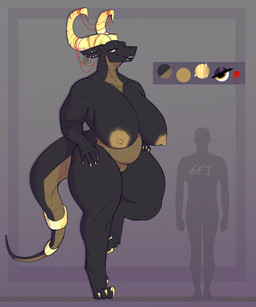 accessory anthro areola bedroom_eyes belly big_breasts biped black_body border breasts brown_belly claws color_swatch duo ear_piercing feet female female_anthro furgonomics genitals grey_border height_comparison horn huge_breasts innie_vulva jewelry larger_female looking_at_viewer mature_female narrowed_eyes nipples non-mammal_breasts non-mammal_nipples non-mammal_vulva nude nude_anthro nude_female number piercing pose seductive size_difference slightly_chubby smile solo_focus tail tail_accessory tail_jewelry tasteful_nudity three-quarter_view toe_claws toes vulva yellow_eyes securipun mythology eris_(pipfan) dragon mythological_creature mythological_scalie scalie 2022 5:6 absurd_res cel_shading digital_drawing_(artwork) digital_media_(artwork) full-length_portrait hi_res model_sheet portrait shaded
