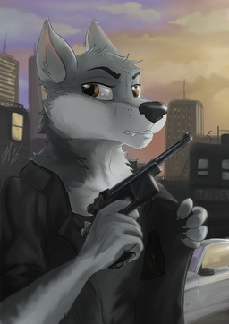 anthro brown_eyes building car city cityscape ears_up holding_object holding_weapon looking_back male mauser_c96 solo sunset vehicle weapon wolfyalex96 canid canine canis mammal wolf hi_res