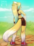 alternate_color anthro big_butt biped bottomwear bra butt clothed clothing cloud digimorph female footwear fur hair hand_on_hip knee_pit outside ponytail pose rear_view shoes shorts sky solo spandex spandex_shorts sports_bra standing tail tight_bottomwear tight_clothing tight_shorts underwear white_body white_fur wide_hips yellow_body yellow_fur jingx1 bandai_namco digimon fan_character jemma_(jingx1) canid canine digimon_(species) mammal renamon 2012 3:4 full-length_portrait portrait