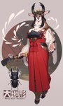 abstract_background anthro big_breasts biped blue_eyes bow_ribbon breasts cleavage clothed clothing female feral fungus fur hair holding_object holding_weapon hooves horn mushroom neck_tuft outstretched_arm robe solo text tuft weapon hideki_kaneda arthropod beetle deer insect mammal stag_beetle 2025 absurd_res digital_media_(artwork) digital_painting_(artwork) english_text hi_res japanese_text painting_(artwork)
