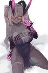 big_breasts bodily_fluids breasts bukkake choker cleavage clothed clothing collarbone colored_skin cosplay cum cum_in_hair cum_on_body cum_on_breasts cum_on_glasses cum_on_gloves cum_on_hand cum_on_leg eye_through_hair eyewear female genital_fluids glasses grey_body grey_hair grey_skin hair horn humanoid_pointy_ears jacques_de_molay_(foreigner)_(fate)_(cosplay) jewelry kneeling looking_at_viewer necklace semi-rimless_eyewear simple_background solo thick_thighs translucent translucent_hair under-rim_eyewear yellow_eyes todding fate_(series) type-moon foreigner_jacques_de_molay_(fate) human mammal absurd_res hi_res