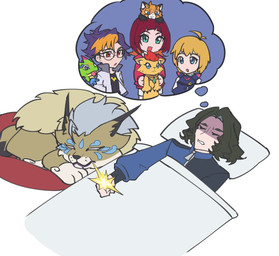 anthro bed dream female feral furniture group hug humor male nightmare sleeping lws4cydxt bandai_namco digimon digimon_beatbreak kyo_sawashiro makoto_kuonji reina_sakuya tomoro_tenma chiropmon cougarmon digimon_(species) gekkomon human liollmon mammal pristimon