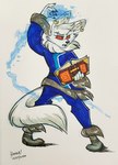5_fingers anthro biped book bottomwear claws clothing ear_piercing eyebrow_piercing eyelashes facial_piercing female finger_claws fingers fluffy fluffy_tail fur holding_book holding_object magic magic_user open_mouth orange_sclera pants piercing simple_background solo tail tome topwear white_body white_fur keenadraws dungeons_and_dragons hasbro wizards_of_the_coast arctic_fox canid canine fox mammal true_fox 2024 absurd_res hi_res marker_(artwork) traditional_media_(artwork)