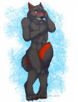 abs anthro biped black_body black_fur blue_eyes blush claws embarrassed fur looking_at_viewer male muscular muscular_anthro muscular_male nude red_body red_fur shy smile solo standing tail tail_between_legs ifus alex_nighthound canid canine canis domestic_dog mammal 2014 digital_media_(artwork)