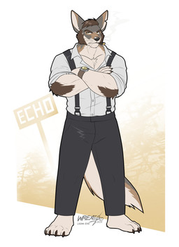 anthro barefoot biped black_nose brown_eyes clock clothed clothing crossed_arms facial_scar feet male scar solo suspenders watch wristwatch ligoni echo_(series) echo_project the_smoke_room william_adler canid canine canis coyote mammal 2025 colored hi_res signature