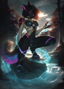 anthro black_body black_claws black_fur black_hair blue_eyes blue_markings blue_nipples blue_nose blue_vulva blurred_background bottomless breasts claws clitoral_hood clothed clothing female fluffy fluffy_tail forest fur genitals hair magic_user markings medium_breasts navel nipples plant purple_markings small_waist solo standing tail topwear tree vulva water wet wet_body wet_fur fluffyw0lf canid canine canis mammal wolf 2024 colored digital_drawing_(artwork) digital_media_(artwork) hi_res shaded