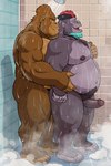 anthro balls bathing beard belly_grab biceps butt duo erection facial_hair fur genitals glans groping_from_behind male male/male musclegut muscular muscular_male mustache navel nipples nude open_mouth open_smile overweight overweight_anthro overweight_male pec_grab pecs penis pronounced_browridge pubes purple_body purple_fur shower showering showering_together side_view smile water wet wet_body wet_fur skyskater bruiser_(sinfulspikes) omari_(skyskater) ape gorilla haplorhine mammal primate 2:3 hi_res