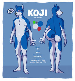 5_fingers 5_toes anthro black_nose blue_body blue_fur border cheek_tuft countershading ear_tuft facial_tuft featureless_crotch feet fingers fur green_eyes head_tuft male navel nude solo standing text toes tuft white_body white_border white_fur d3mo koji_the_husky canid canine canis domestic_dog husky mammal nordic_sled_dog spitz cel_shading english_text full-length_portrait hi_res model_sheet portrait shaded