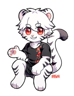 anthro black_body black_bottomwear black_clothing black_ears black_fur black_pants black_shirt black_stripes black_t-shirt black_topwear bottomwear chibi clothed clothing dipstick_tail eyebrows front_view fur glistening glistening_eyes hair looking_at_viewer male markings pants red_eyes shirt short_hair simple_background sitting smile solo striped_body striped_ears striped_fur striped_markings striped_tail stripes t-shirt tail tail_markings topwear white_background white_body white_ears white_eyebrows white_fur white_hair asnnonaka felid mammal pantherine tiger full-length_portrait portrait signature