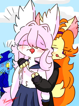 adolescent angry anthro asian_clothing big_tail black_clothing black_gloves black_handwear black_nose black_shirt black_topwear blue_body blue_bottomwear blue_clothing blue_ears blue_fur blue_hat blue_headwear blue_shirt blue_skirt blue_topwear blush bodily_fluids bottomwear clothed clothing clothing_lift dipstick_ears drooling duo_focus ear_markings ear_piercing ear_ring east_asian_clothing eyelashes eyes_closed facial_scar female female/female fingerless_gloves flat_chested fully_clothed fur gloves group hair handwear hat headgear headwear hoodie inner_ear_fluff japanese_clothing japanese_school_uniform lifting_another's_shirt long_hair looking_at_another looking_pleasured male multicolored_body multicolored_ears multicolored_fur narrowed_eyes nipple_fetish nipple_pinch nipple_play nipples open_mouth orange_hair piercing pinch pink_body pink_ears pink_fur pink_hair pink_inner_ear pink_nipples pink_nose pink_tail public purple_eyes ring_piercing saliva scar school_uniform scut_tail serafuku shirt shirt_lift short_tail skirt tail teeth tongue tongue_out topwear trio tuft two_tone_body two_tone_fur uniform white_body white_clothing white_ear_tips white_fur white_inner_ear_fluff white_shirt white_topwear yellow_body yellow_ears yellow_eyes yellow_fur yellow_inner_ear yellow_tail young young_anthro young_female young_male conditional_dnp xammyxx alice_(xammyxx) sakura_(xammyxx) steve_(xammyxx) canid canine deer domestic_cat felid feline felis fox mammal 2025 3:4 digital_media_(artwork) hi_res ibispaint_(artwork) shaded signature watermark