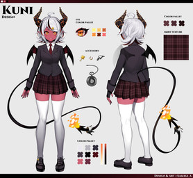 2_horns absolute_territory accessory ahoge bat_wings black_clothing black_footwear black_shoes bottomwear clothing color_swatch crown eyebrows fangs female fingerless_gloves fire flaming_tail footwear front_view gloves grey_background grey_clothing grey_shirt grey_topwear hair hair_accessory hairclip handwear headgear highlights_(coloring) horn humanoid_pointy_ears legwear membrane_(anatomy) membranous_wings necktie orange_eyes pattern_bottomwear pattern_clothing pattern_skirt plaid plaid_bottomwear plaid_clothing plaid_skirt pointy_ears rear_view red_body red_highlights red_necktie red_skin sharp_teeth shirt simple_background skirt solo spade_tail standing tail teeth text thigh_highs topwear white_clothing white_hair white_legwear white_thigh_highs wings akagi_a vtuber kuni_(imakuni) demon demon_humanoid humanoid 2024 absurd_res artist_name character_name english_text hi_res model_sheet official_art