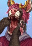 ambiguous_gender anthro antlers blue_background brown_body brown_eyes brown_fur clothed clothing duo fangs front_view fur hair horn inner_ear_fluff logo male mouth_play mouth_shot narrowed_eyes open_mouth pawpads pink_hair red_clothing red_inner_ear_fluff red_nose red_pawpads red_tongue red_topwear sharp_teeth simple_background snow snowing solo_focus teeth tongue tongue_out topwear tuft white_body white_fur yellow_antlers riorix 2022 animated artist_logo dated short_playtime