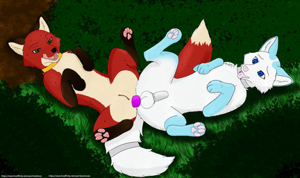 anal anal_penetration animal_genitalia animal_penis balls chastity_cage chastity_device collar dildo dildo_in_ass dildo_insertion double_dildo duo fangs female female_penetrated femboy feral fur genitals licking licking_lips looking_pleasured male male/female male_penetrated nervous object_in_ass outside pawpads paws penetration penis red_body red_fur sex_toy sex_toy_in_ass sex_toy_insertion spread_legs spreading teeth tongue tongue_out white_body white_fur ninafoxxo bruma_(ninafoxxo) sebille_(lavamouse) arctic_fox canid canine fox mammal red_fox true_fox hi_res